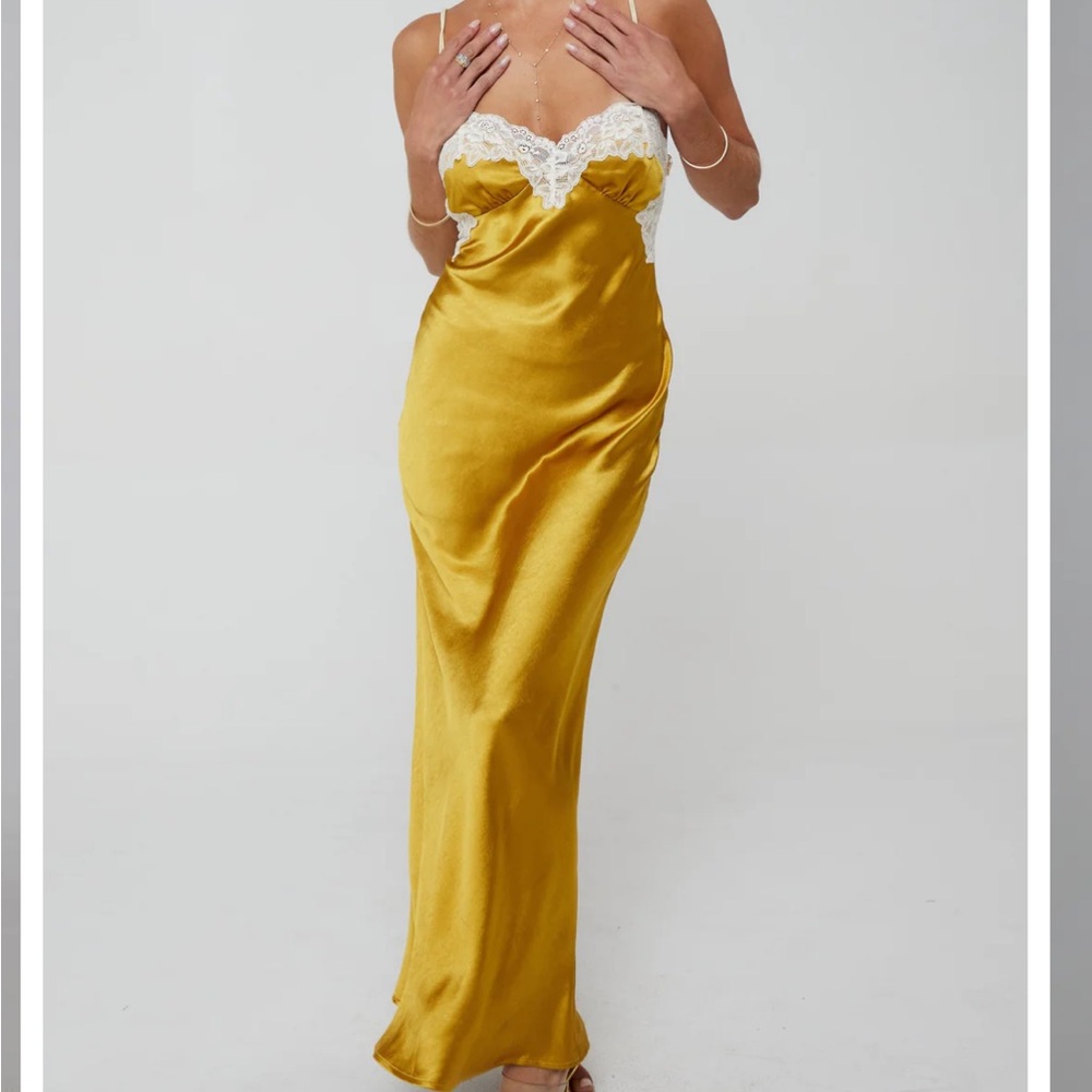 Elegant Gold Yellow Slip Dress with Lace Trim and Low Back